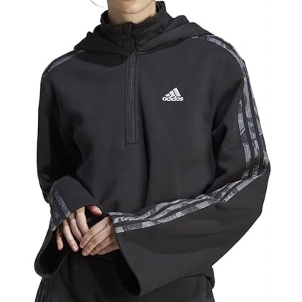 Adidas Athleisure Cropped Quarter Zip Hoodie Sz:M Black Camo Stripe Pullover